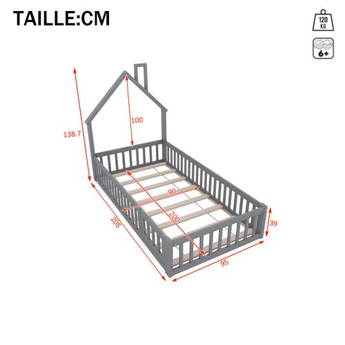 Lit Cabane 90 X 200 Cm - Lit Enfant Forme Cheminée - Pin + Mdf - Gris