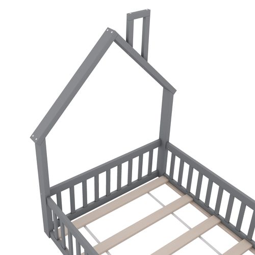 Lit Cabane 90 X 200 Cm - Lit Enfant Forme Cheminée - Pin + Mdf - Gris