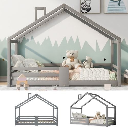 Lit Enfant 90x200 Cm - Lit Cabane Avec Cheminée Antichute Sécurisée - Bois De Pin Robuste - Gris