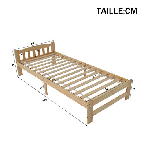 Lit Simple Enfant 90x200 Cm - Lit Classique Avec Tête De Lit Et Sommier à Lattes - Pin - Naturel