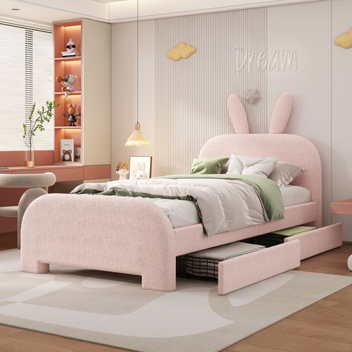 Lit Avec Rangement 90 X 200 Cm - Lit Simple Avec 2 Tiroirs - Peluche + Mdf - Rose