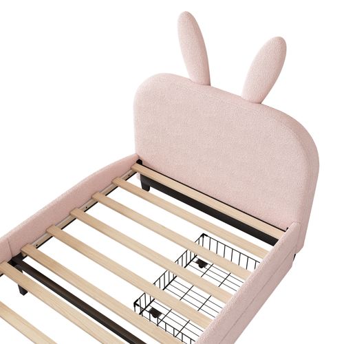 Lit Avec Rangement 90 X 200 Cm - Lit Simple Avec 2 Tiroirs - Peluche + Mdf - Rose