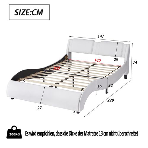 Lit Double Moderne 140*200cm En Similicuir Avec Éclairage LED Et Sommier à Lattes, Blanc