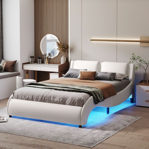 Lit Double Moderne 140*200cm En Similicuir Avec Éclairage LED Et Sommier à Lattes, Blanc