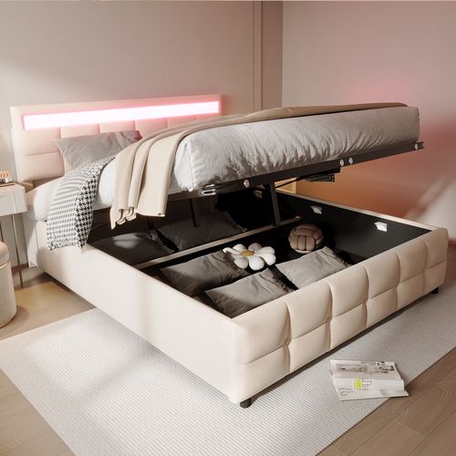 Lit Adulte Lit Coffre Rembourré 180*200cm Avec LED, Sommier Hydraulique, Velours Hollandais, Beige