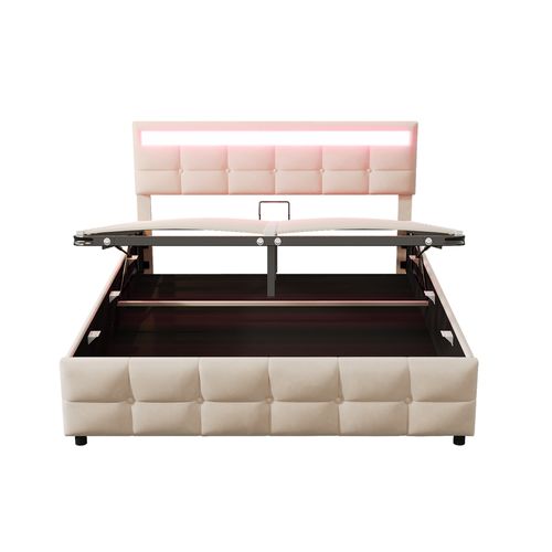 Lit Adulte Lit Coffre Rembourré 180*200cm Avec LED, Sommier Hydraulique, Velours Hollandais, Beige