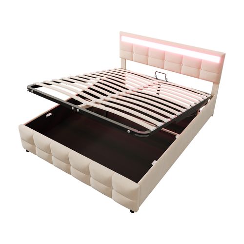 Lit Adulte Lit Coffre Rembourré 180*200cm Avec LED, Sommier Hydraulique, Velours Hollandais, Beige