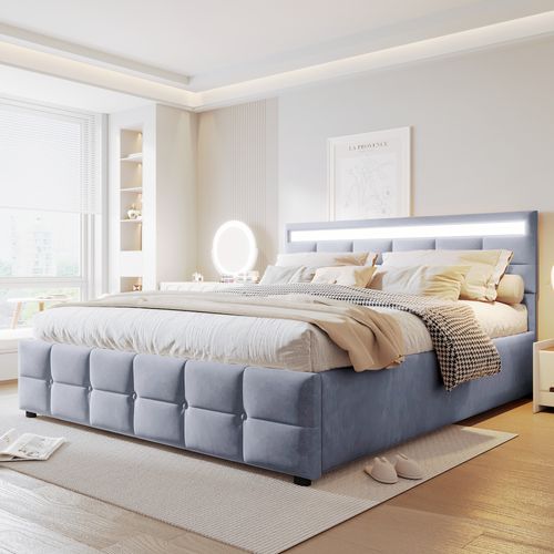 Lit Adulte Lit Coffre Rembourré 180x200cm Avec LED, Sommier Hydraulique, Velours Hollandais, Gris