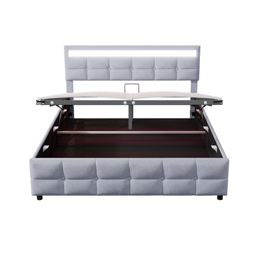 Lit Adulte Lit Coffre Rembourré 180x200cm Avec LED, Sommier Hydraulique, Velours Hollandais, Gris