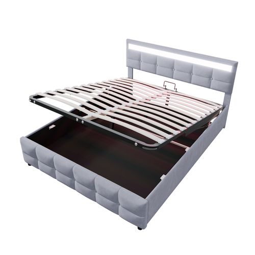 Lit Adulte Lit Coffre Rembourré 180x200cm Avec LED, Sommier Hydraulique, Velours Hollandais, Gris