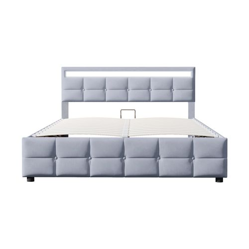 Lit Adulte Lit Coffre Rembourré 180x200cm Avec LED, Sommier Hydraulique, Velours Hollandais, Gris