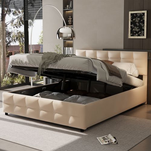 Lit Adulte Lit Coffre Rembourré 180*200cm Avec Sommier Hydraulique, Velours Hollandais, Beige