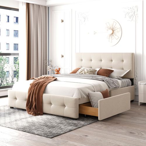 Lit Adulte Lit Double 140 X 200 Cm, Avec 4 Tiroirs Et Sommier à Lattes, Tissu Velours Doux, Beige