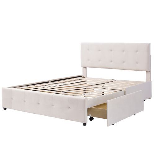 Lit Adulte Lit Double 140 X 200 Cm, Avec 4 Tiroirs Et Sommier à Lattes, Tissu Velours Doux, Beige