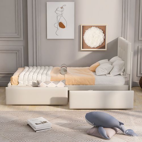 Lit Enfant Simple En Velours 90 X 200 Cm Avec Sommier à Lattes, Dossier Et 2 Tiroirs, Beige