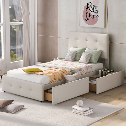 Lit Enfant Simple En Velours 90 X 200 Cm Avec Sommier à Lattes, Dossier Et 2 Tiroirs, Beige