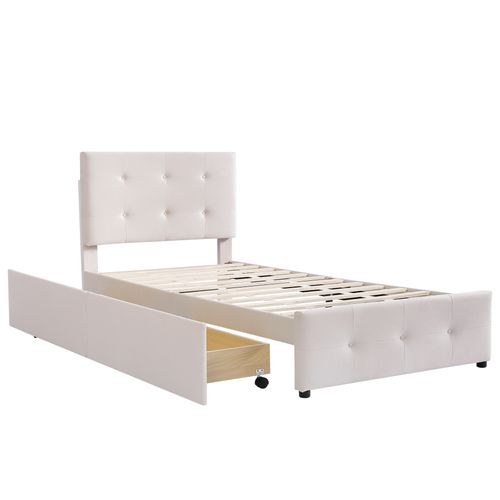 Lit Enfant Simple En Velours 90 X 200 Cm Avec Sommier à Lattes, Dossier Et 2 Tiroirs, Beige