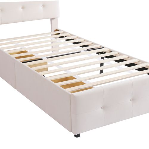 Lit Enfant Simple En Velours 90 X 200 Cm Avec Sommier à Lattes, Dossier Et 2 Tiroirs, Beige