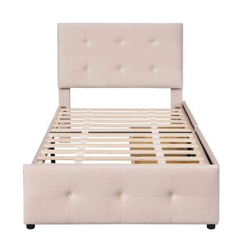 Lit Enfant Simple En Velours 90 X 200 Cm Avec Sommier à Lattes, Dossier Et 2 Tiroirs, Beige Foncé