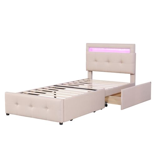 Lit  Enfant Simple En Lin 90 X 200 Cm, Avec Lumières LED Et 2 Tiroirs, Beige