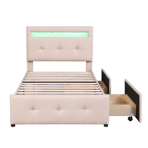 Lit  Enfant Simple En Lin 90 X 200 Cm, Avec Lumières LED Et 2 Tiroirs, Beige