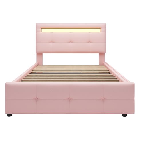 Lit  Enfant Simple En Lin 90 X 200 Cm, Avec Lumières LED Et 2 Tiroirs, Rose