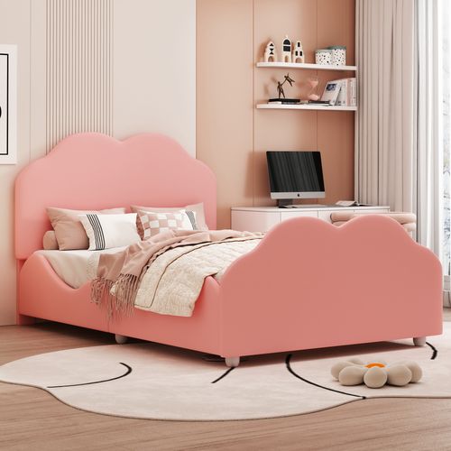 Lit Enfant 90 X 200 Cm à Balustrade Haute Avec Tête Et Pied De Lit En Forme De Nuage, Velours Rose