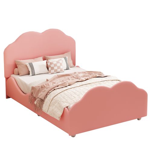 Lit Enfant 90 X 200 Cm à Balustrade Haute Avec Tête Et Pied De Lit En Forme De Nuage, Velours Rose