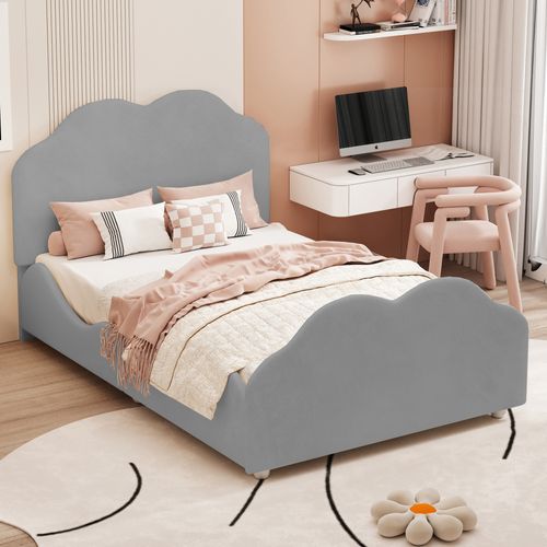 Lit Enfant 90 X 200 Cm à Balustrade Haute Avec Tête Et Pied De Lit En Forme De Nuage, Velours Gris