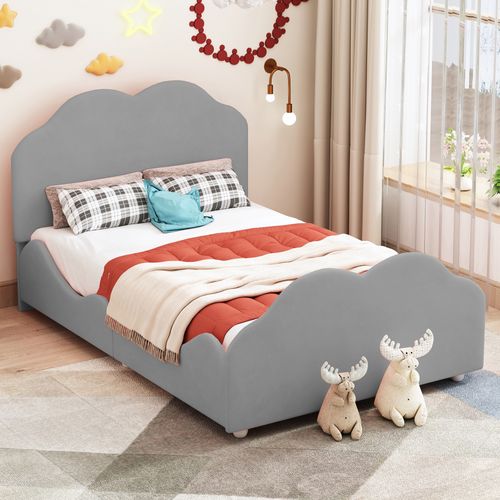 Lit Enfant 90 X 200 Cm à Balustrade Haute Avec Tête Et Pied De Lit En Forme De Nuage, Velours Gris