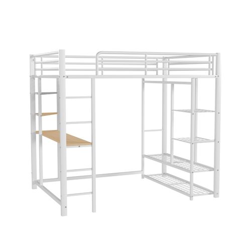 Lit Mezzanine 140×200cm, Avec Échelle, Table, Espace De Rangements Et Cintre, Métal, Blanc
