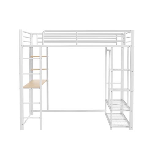 Lit Mezzanine 140×200cm, Avec Échelle, Table, Espace De Rangements Et Cintre, Métal, Blanc