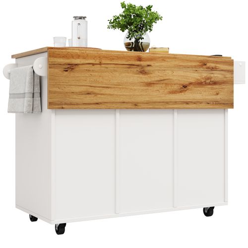 Buffet Cuisine Roulant Avec Range-bouteilles Amovible, Tiroir Et Plateau Rabattable, Mdf, Blanc