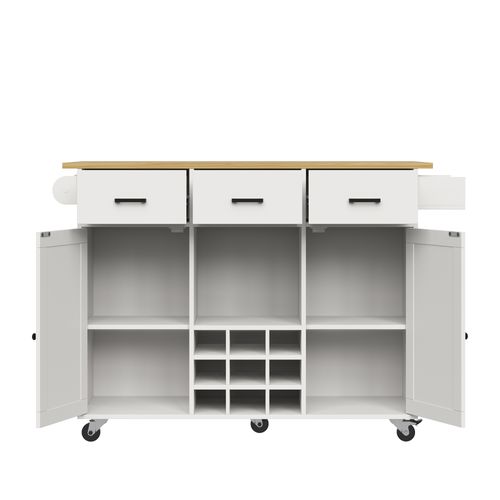 Buffet Cuisine Roulant Avec Porte-bouteilles Amovible, 3 Tiroirs Et Plateau Rabattable, Mdf, Blanc