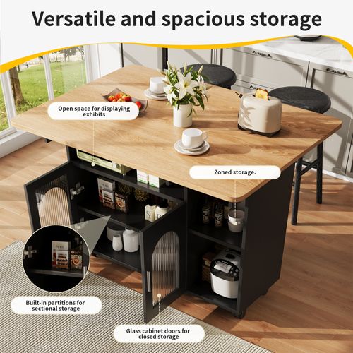 Buffet Cuisine Roulant, Placards Avec Portes, Compartiments Ouverts, Plateau Rabattable, Mdf, Noir