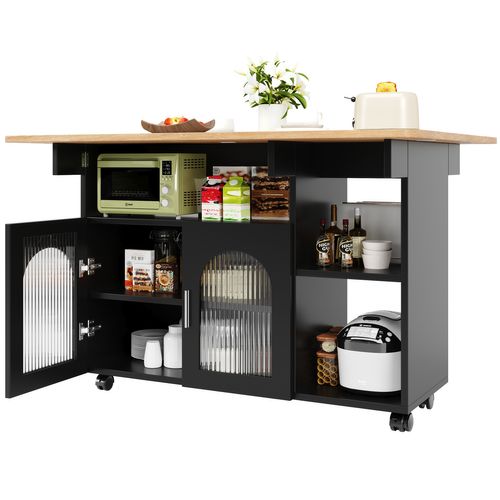 Buffet Cuisine Roulant, Placards Avec Portes, Compartiments Ouverts, Plateau Rabattable, Mdf, Noir