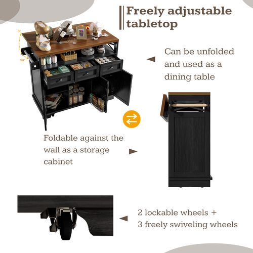 Buffet Cuisine à Roulettes, Tiroirs, Portes De Placard Fermé, Plateau Rabattable, Mdf, Noir