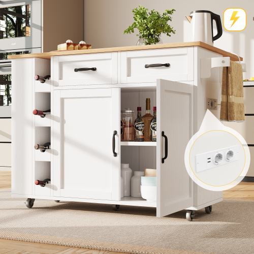 Buffet Cuisine à Roulettes Avec Prise Électrique, Range-bouteilles, Plateau Rabattable, Mdf, Blanc