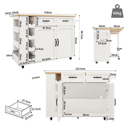 Buffet Cuisine à Roulettes Avec Prise Électrique, Range-bouteilles, Plateau Rabattable, Mdf, Blanc