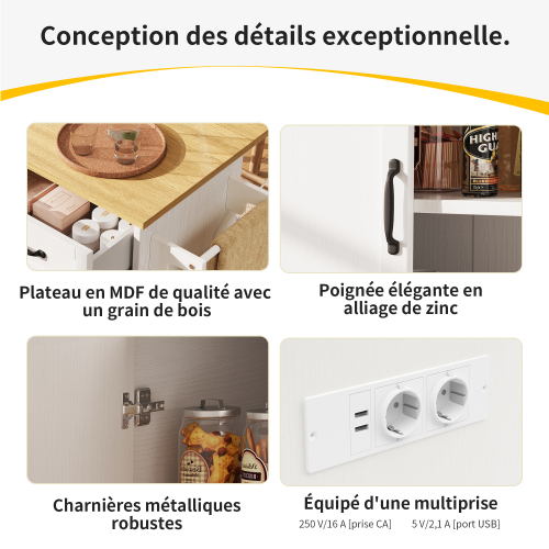 Buffet Cuisine à Roulettes Avec Prise Électrique, Range-bouteilles, Plateau Rabattable, Mdf, Blanc
