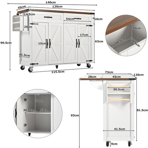 Buffet de Cuisine à Roulettes avec Tiroirs, Portes De Placard Fermé, Plateau Rabattable, Blanc