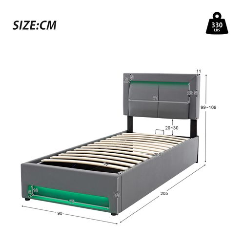 Lit Coffre Design 90x200 Cm - Éclairage LED et USB Intégré - Gris Pu