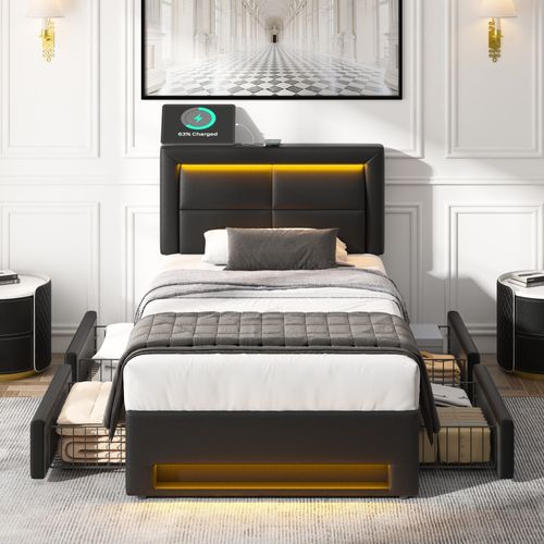 Lit Enfant 90x190 Cm Avec 4 Tiroirs de rangement, Éclairage LED, 2 Ports USB, Pu, Noir