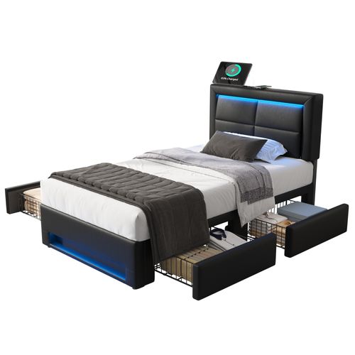 Lit Enfant + 4 Tiroirs, 90x200 Cm, Éclairage LED, 2 Ports USB, Pu, Noir