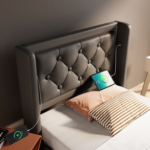 Lit Coffre Design 90x200 Cm - Éclairage LED et USB et Type-c Intégré - Noir Pu