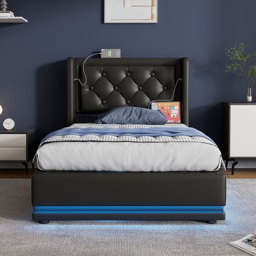 Lit Coffre Design 90x200 Cm - Éclairage LED et USB et Type-c Intégré - Noir Pu