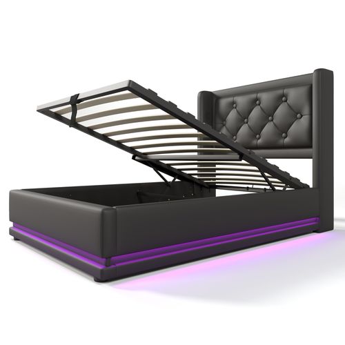 Lit Coffre Design 90x200 Cm - Éclairage LED et USB et Type-c Intégré - Noir Pu