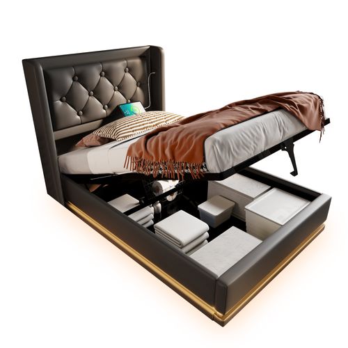 Lit Coffre Design 90x200 Cm - Éclairage LED et USB et Type-c Intégré - Noir Pu