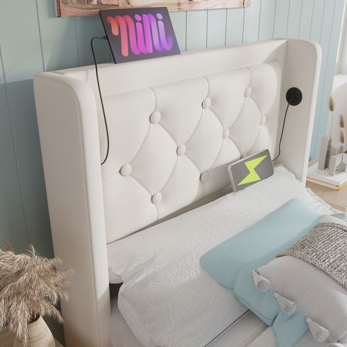 Lit Coffre Design 90x200 Cm - Éclairage LED et USB et Type-c Intégré - Blanc Pu