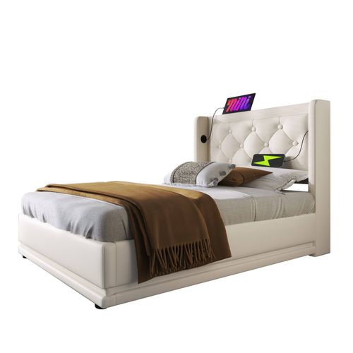 Lit Coffre Design 90x200 Cm - Éclairage LED et USB et Type-c Intégré - Blanc Pu